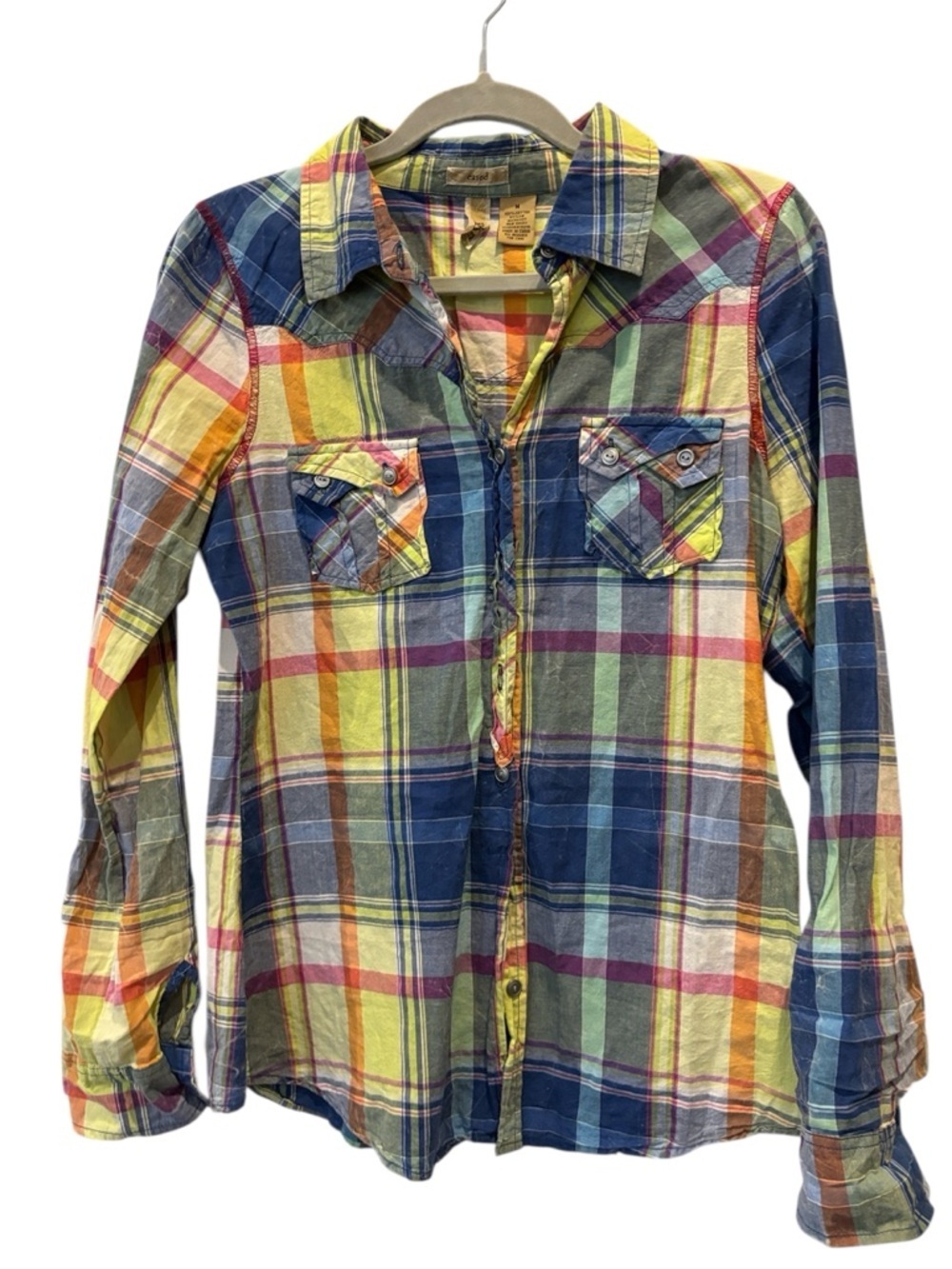 BKE Western Rocker Chic Plaid Button Down Shirt Colorful Medium Y2K